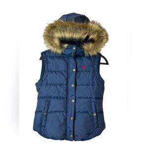 Navy Down Puffer Vest Women's w/ Removable Faux Fur Hood